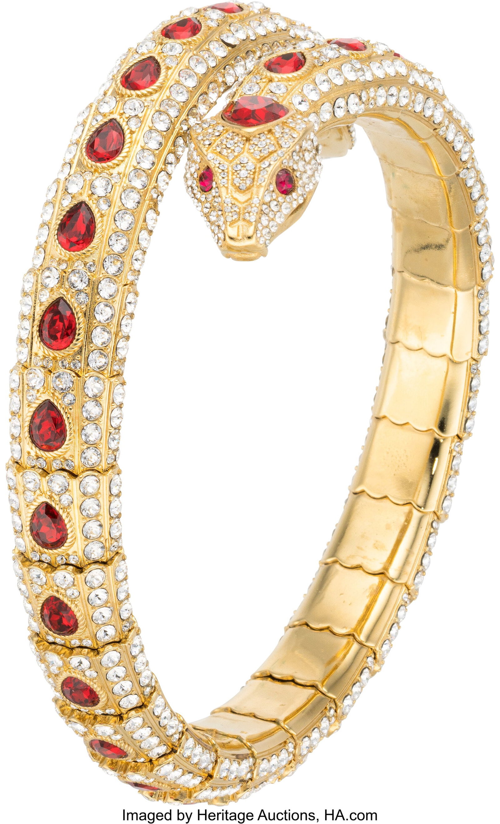Gucci Red & White Crystal Snake Choker Necklace : Gucci Red & White Crystal Snake Choker Necklace with Gold Hardware Condition: 2 12" Circumference x 1" Width This necklace is done in Gold Plated Hardware, featuring Red and White Crys