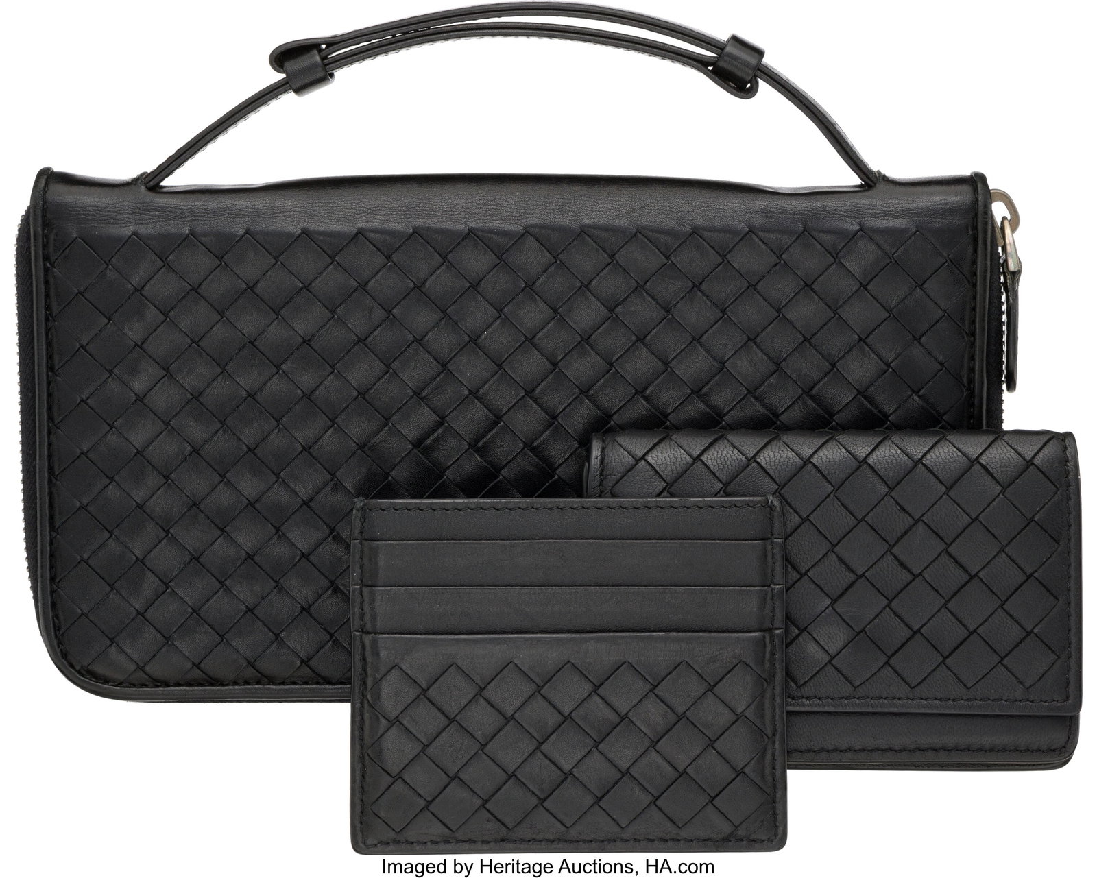 Bottega Veneta Set of Three: Black Intrecciato L: Bottega Veneta Set of Three: Black Intrecciato Leather Wallets See Extended Condition Report for Details: This set includes: Bottega Veneta Black Intrecciato Leather Zip Around Long 