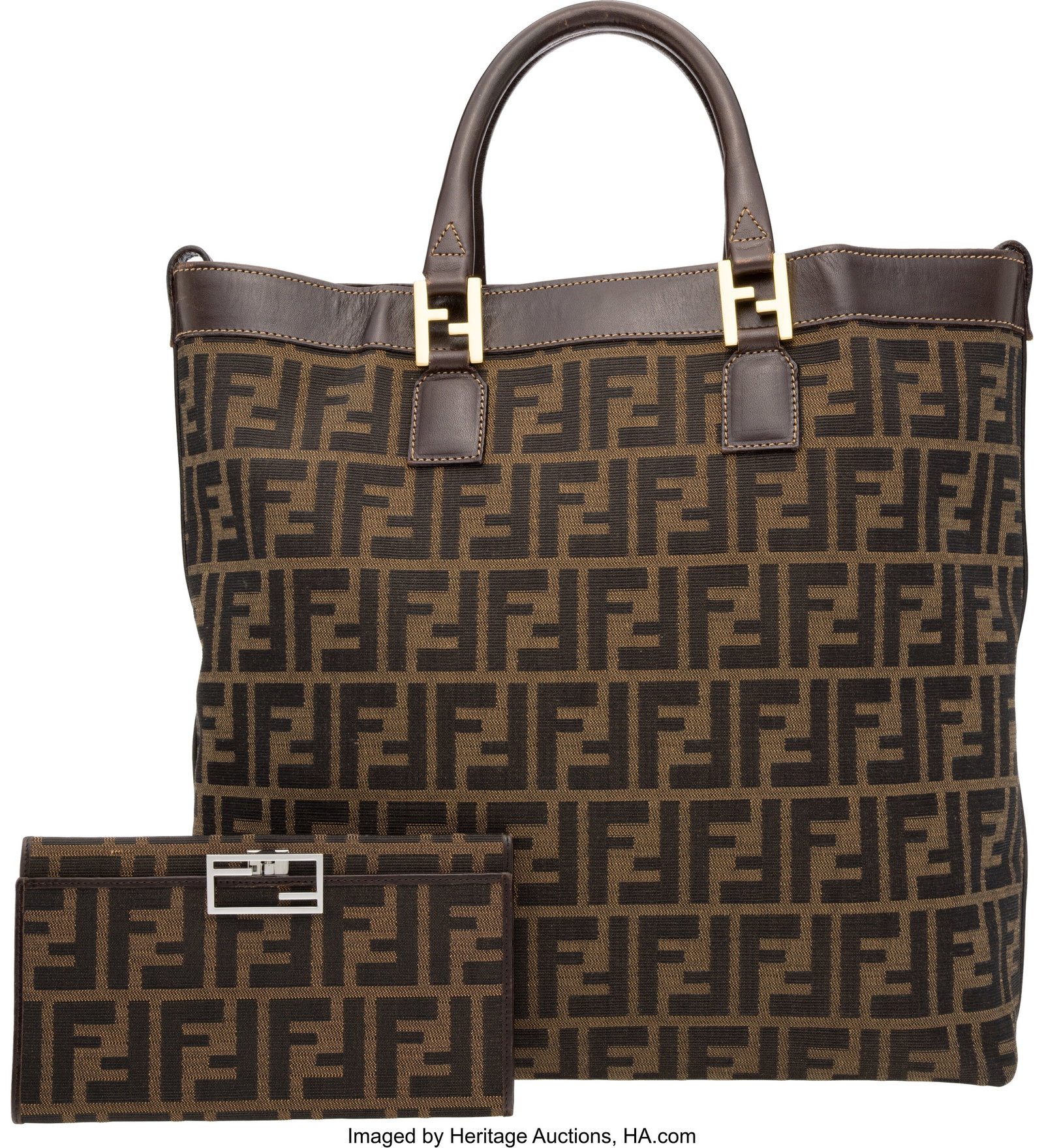 Fendi Set of Two: Zucca Canvas Tote Bag and Wall: Fendi Set of Two: Zucca Canvas Tote Bag and Wallet See Extended Condition Report for Details: This set includes: Fendi Brown Zucca Canvas Tote Bag with Gold Hardware (Condition&