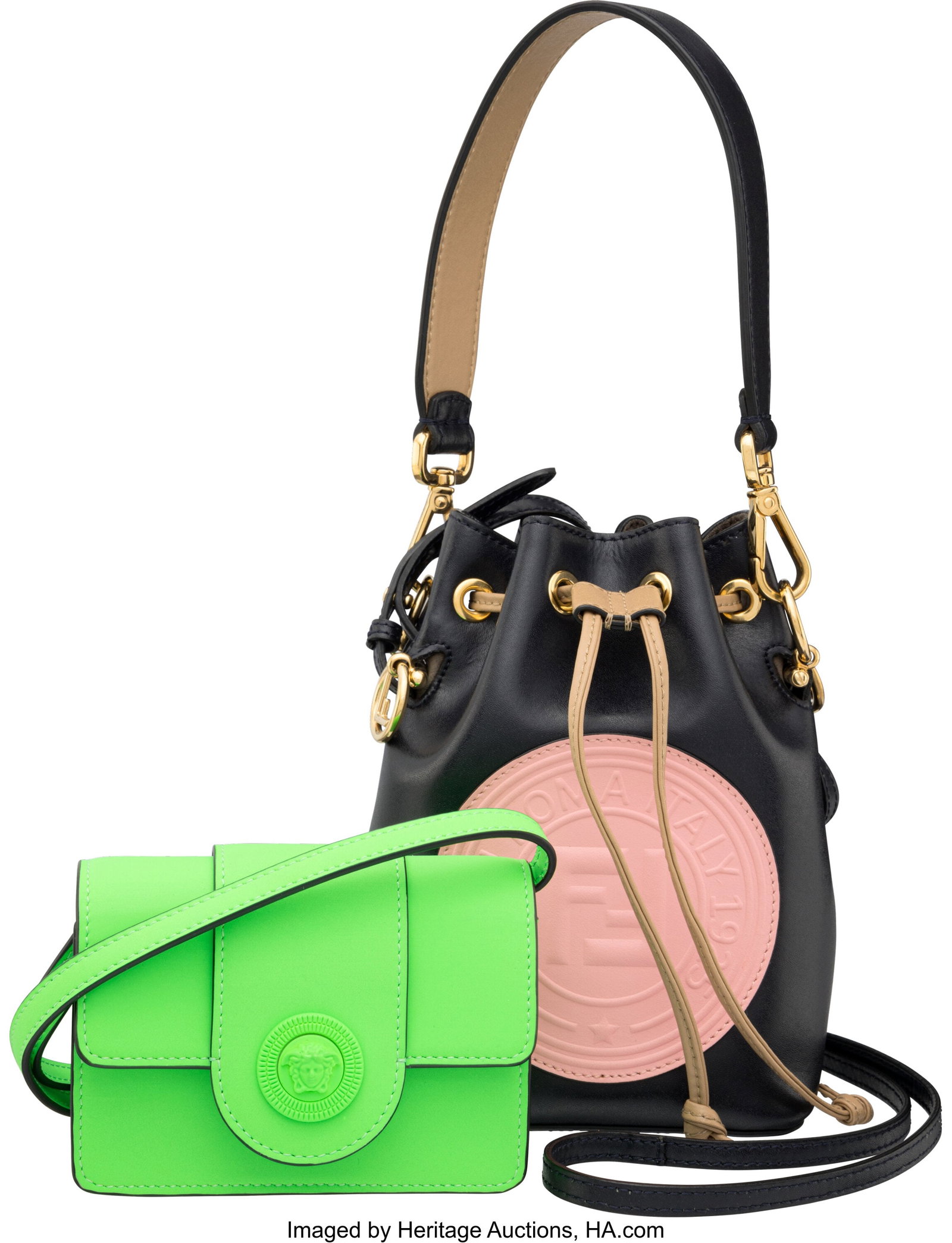 Set of Two: Fendi Bucket Bag & Versace Mini Bag : Set of Two: Fendi Bucket Bag & Versace Mini Bag See Extended Condition Report for Details. This set includes: Fendi Black and Pink Leather Mon Tresor Mini Bucket Bag with Gold H