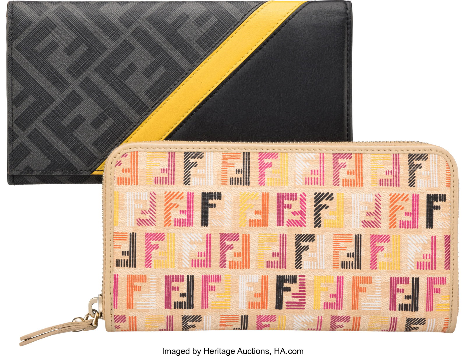 Fendi Set of Two: Monogram Wallets See Extended : Fendi Set of Two: Monogram Wallets See Extended Condition Report for Details. This set includes: Fendi Beige and Multicolor FF Zucca Monogram Long Wallet with Silver Hardware