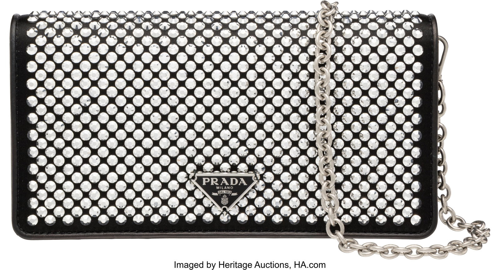 Prada Black Leather Crystal Chain Clutch with Si: Prada Black Leather Crystal Chain Clutch with Silver Hardware Condition: 1 7.5" Width x 4" Height x 2" Depth This bag is done in Black Leather, featuring crystal details on the