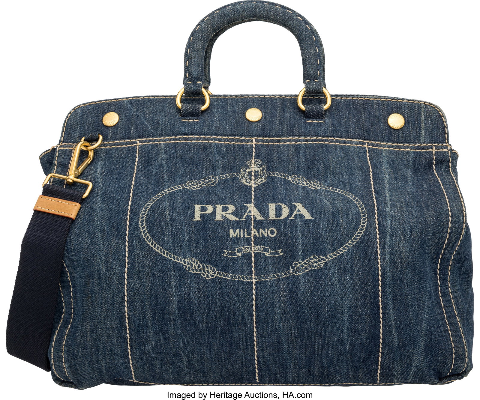 Prada Navy Denim Canapa Logo Avio Tote Bag with : Prada Navy Denim Canapa Logo Avio Tote Bag with Gold Hardware Condition: 2 18" Width x 15" Height x 6" Depth This bag is done in Navy Denim with Gold Hardware, featuring two top
