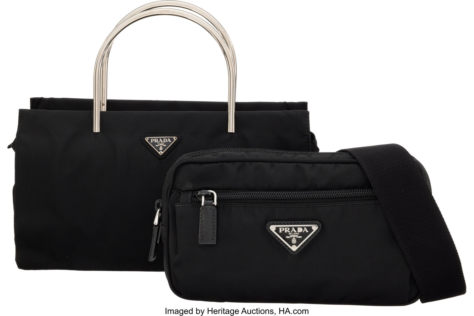 Prada Set of Two: Black Nylon Waist Bag & Tote B: Prada Set of Two: Black Nylon Waist Bag & Tote Bag See Extended Condition Report for Details. This set includes: Prada Black Nylon Waist Bag with Silver Hardware