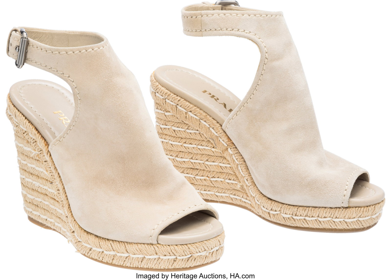 Prada Tan Suede Wedges Condition: 2 Size 37.5 : Prada Tan Suede Wedges Condition: 2 Size 37.5 These wedges are done in Tan Suede, featuring ankle buckle closure. There is slight wear to the sole, and slight glue