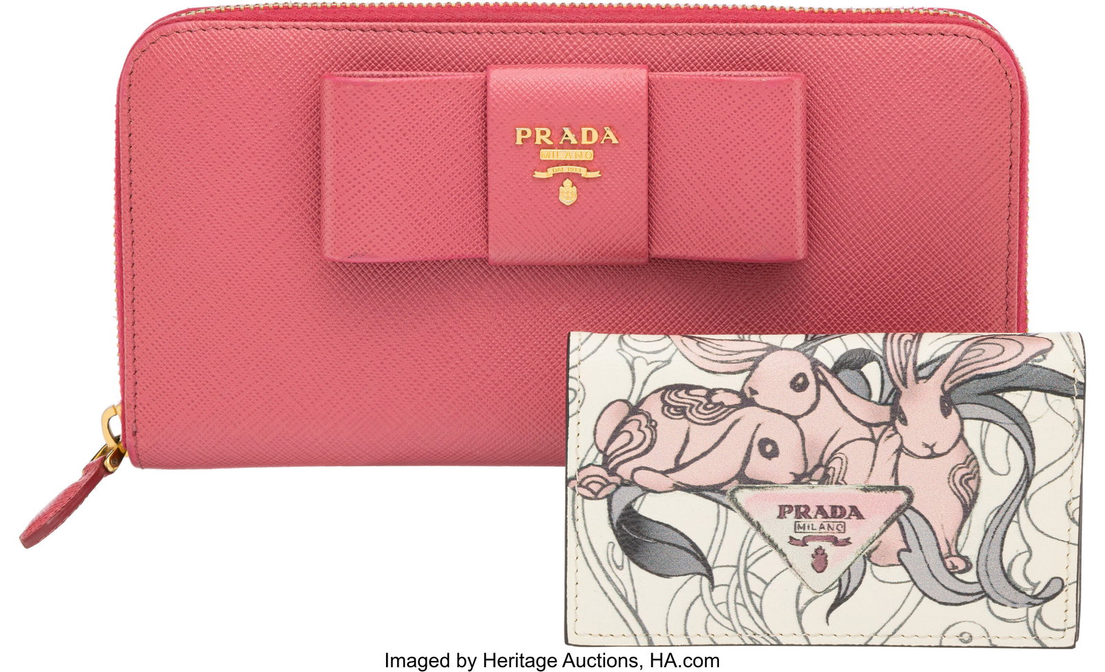 Prada Set of Two: Pink Leather Wallets See Exten: Prada Set of Two: Pink Leather Wallets See Extended Condition Report for Details: This set includes: Prada x James Jean Glace Cream and Pink Calfskin Rabbit Print Card Holder