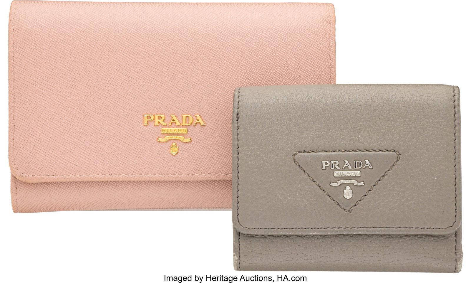 Prada Set of Two: Leather Wallets See Extended C: Prada Set of Two: Leather Wallets See Extended Condition Report for Details: This set includes: Prada Pink Leather Continental Flap Wallet with Gold Hardware (Condition:
