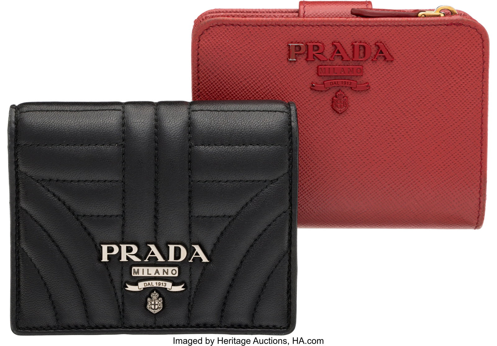 Prada Set of Two: Red and Black Leather Wallets : Prada Set of Two: Red and Black Leather Wallets See Extended Condition Report for Details. This set includes: Prada Red Leather Saffiano Zip Wallet with Gold Hardware