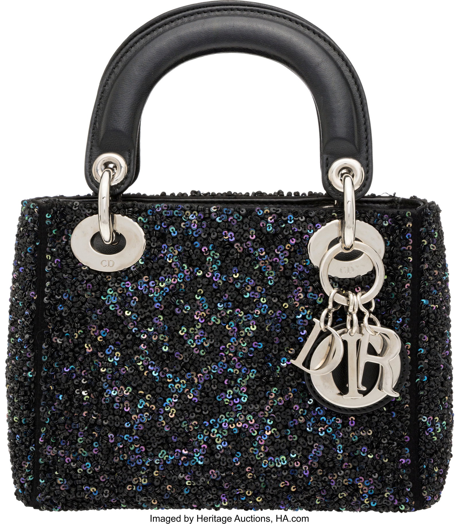 Christian Dior Black Leather & Sequin Mini Lady : Christian Dior Black Leather & Sequin Mini Lady Dior Bag with Silver Hardware 2014 Condition: 2 7" Width x 5.5" Height x 3" Depth This bag is done in Black Leather and Sequins with