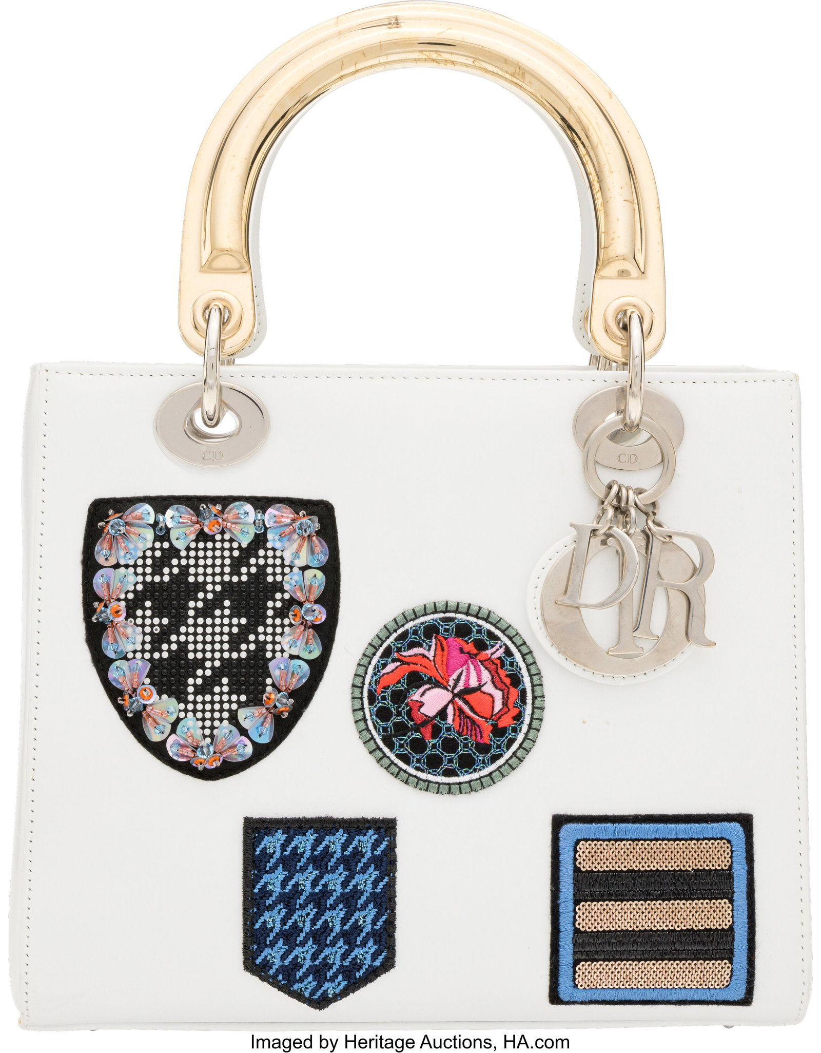 Christian Dior White Leather Embellished Patchwo: Christian Dior White Leather Embellished Patchwork Medium Lady Dior Bag with Silver & Gold Hardware 2014 Condition: 3 9.25" Width x 8" Height x 5" Depth This bag is done in White