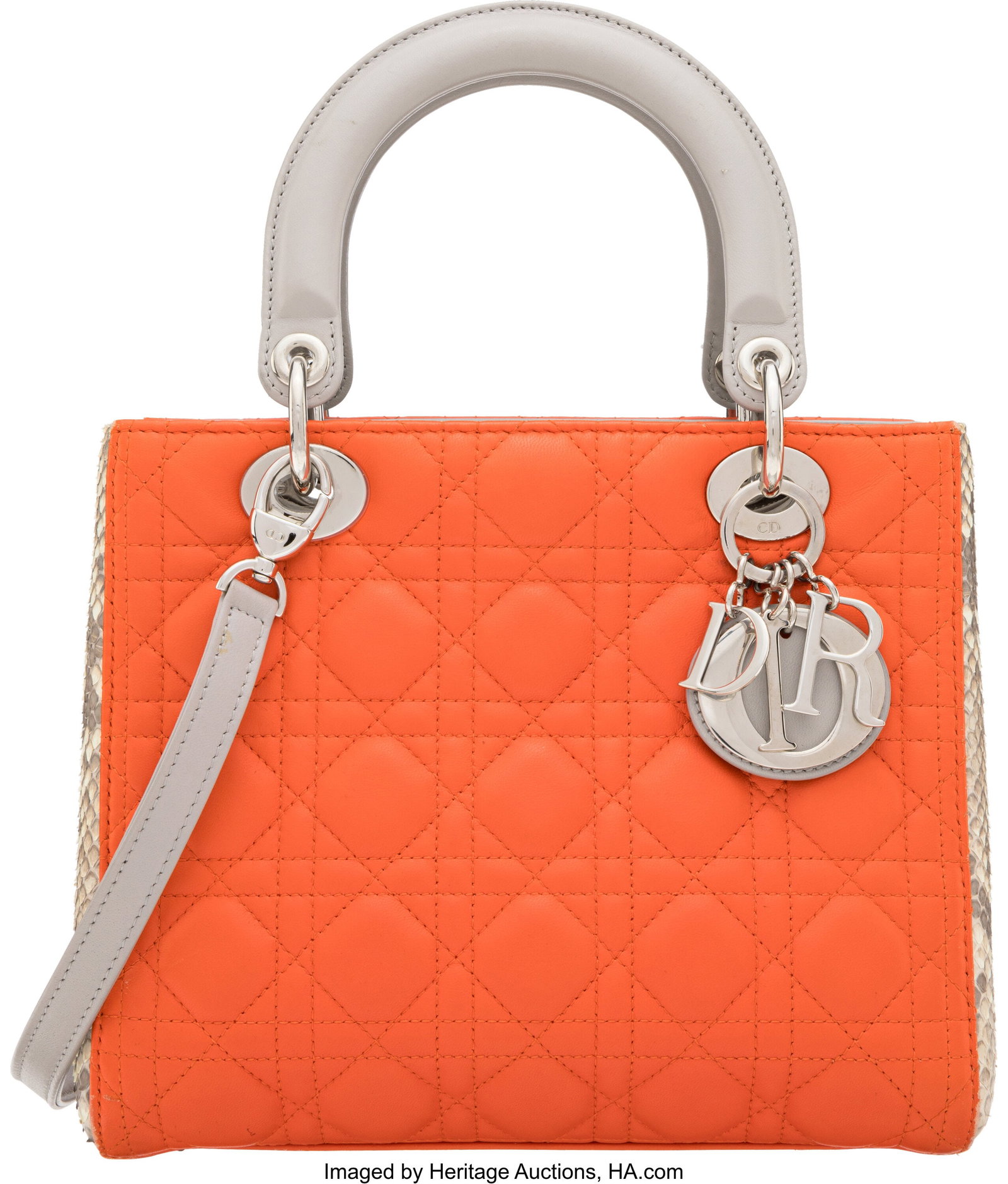 Christian Dior Orange & Gray Leather and Python : Christian Dior Orange & Gray Leather and Python Medium Lady Dior Bag with Silver Hardware 2013 Condition: 3 9.25" Width x 8" Height x 5" Depth This bag is done in Orange and Gray