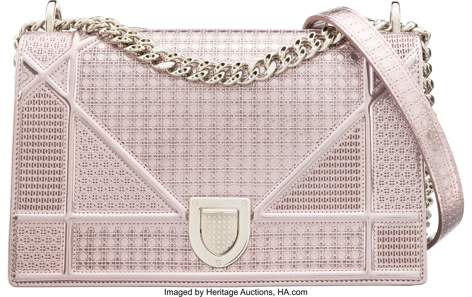 Christian Dior Metallic Pink Leather Micro Canna: Christian Dior Metallic Pink Leather Micro Cannage Medium Diorama Bag with Silver Hardware Condition: 3 10" Width x 6.5" Height x 3.5" Depth This bag is done in Metallic Pink