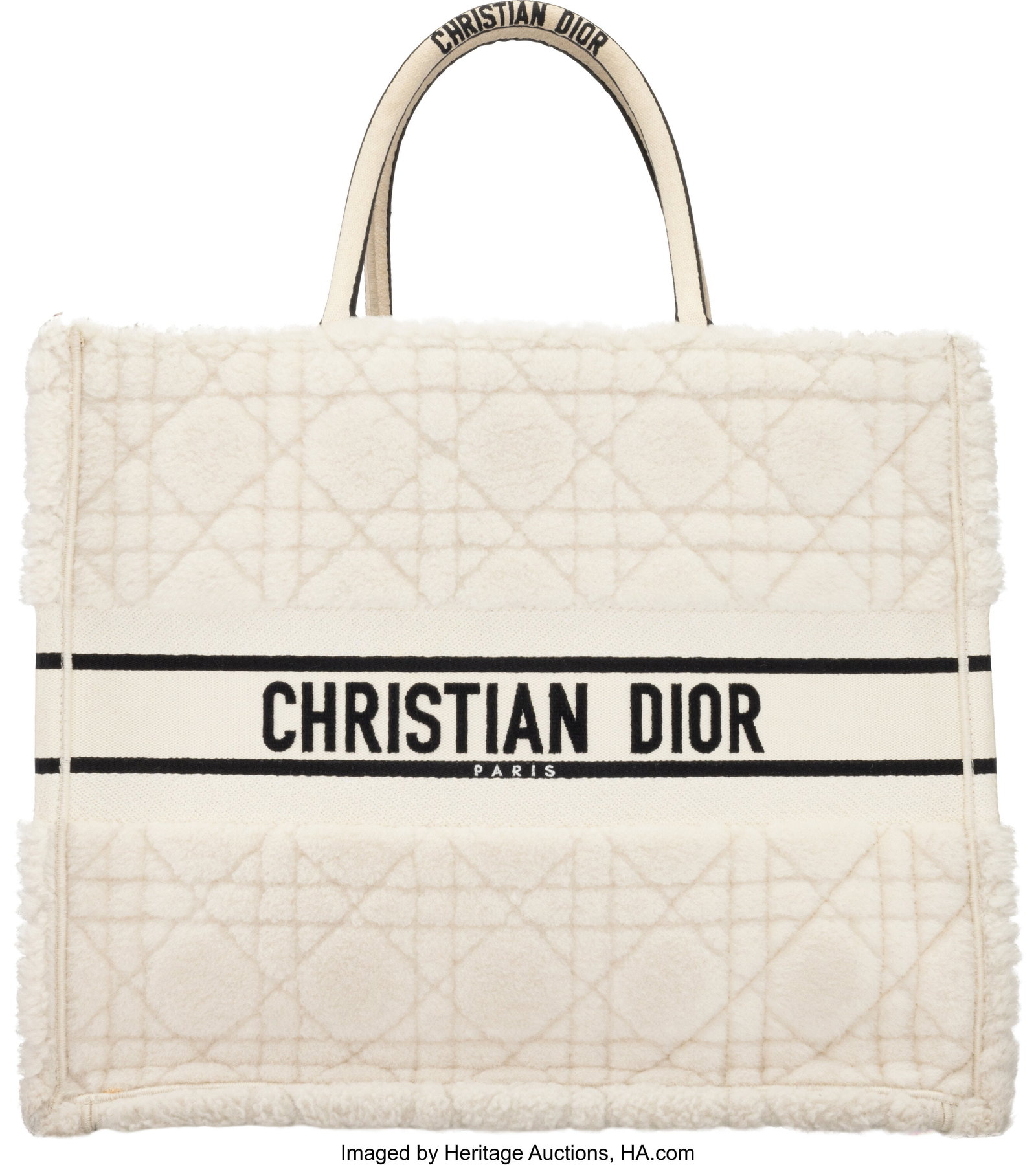 Christian Dior Black & White Shearling Cannage L: Christian Dior Black & White Shearling Cannage Large Book Tote 2022 Condition: 3 16.5" Width x 13" Height x 7" Depth This bag is done in Black and White Canvas and Shearling,
