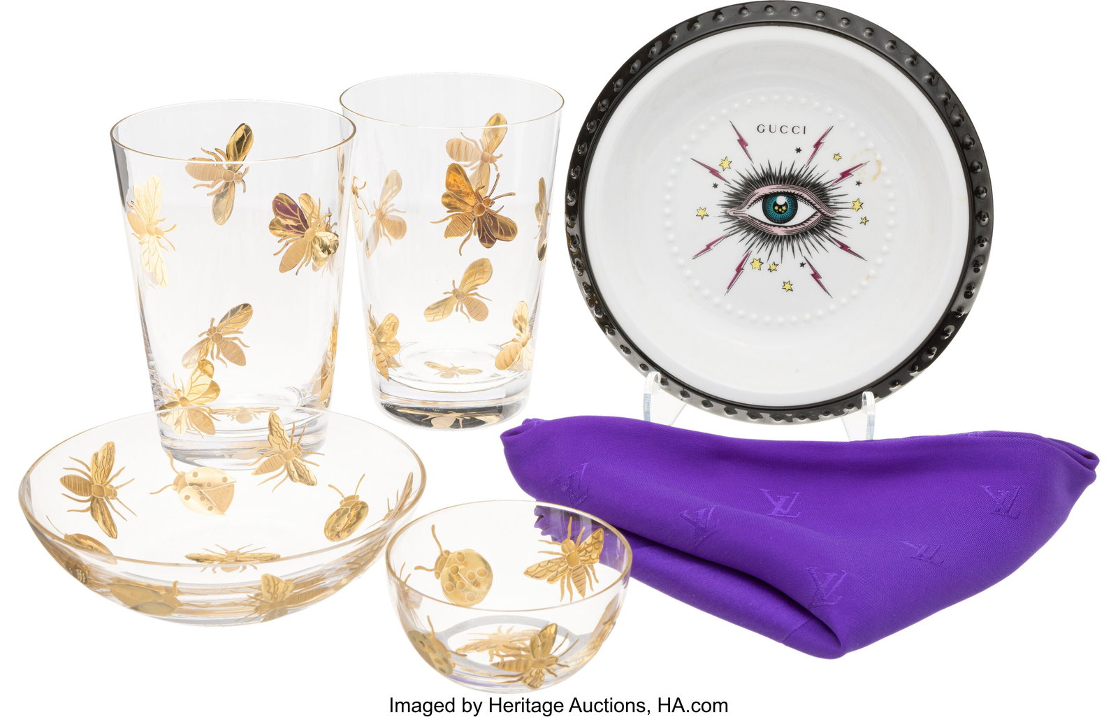 Set of Six: Christian Dior Bumblebee Glasses and: Set of Six: Christian Dior Bumblebee Glasses and Bowls, Gucci Dish, & Louis Vuitton Silk Scarf See Extended Condition Report for Details. Two Christian Dior Gilded