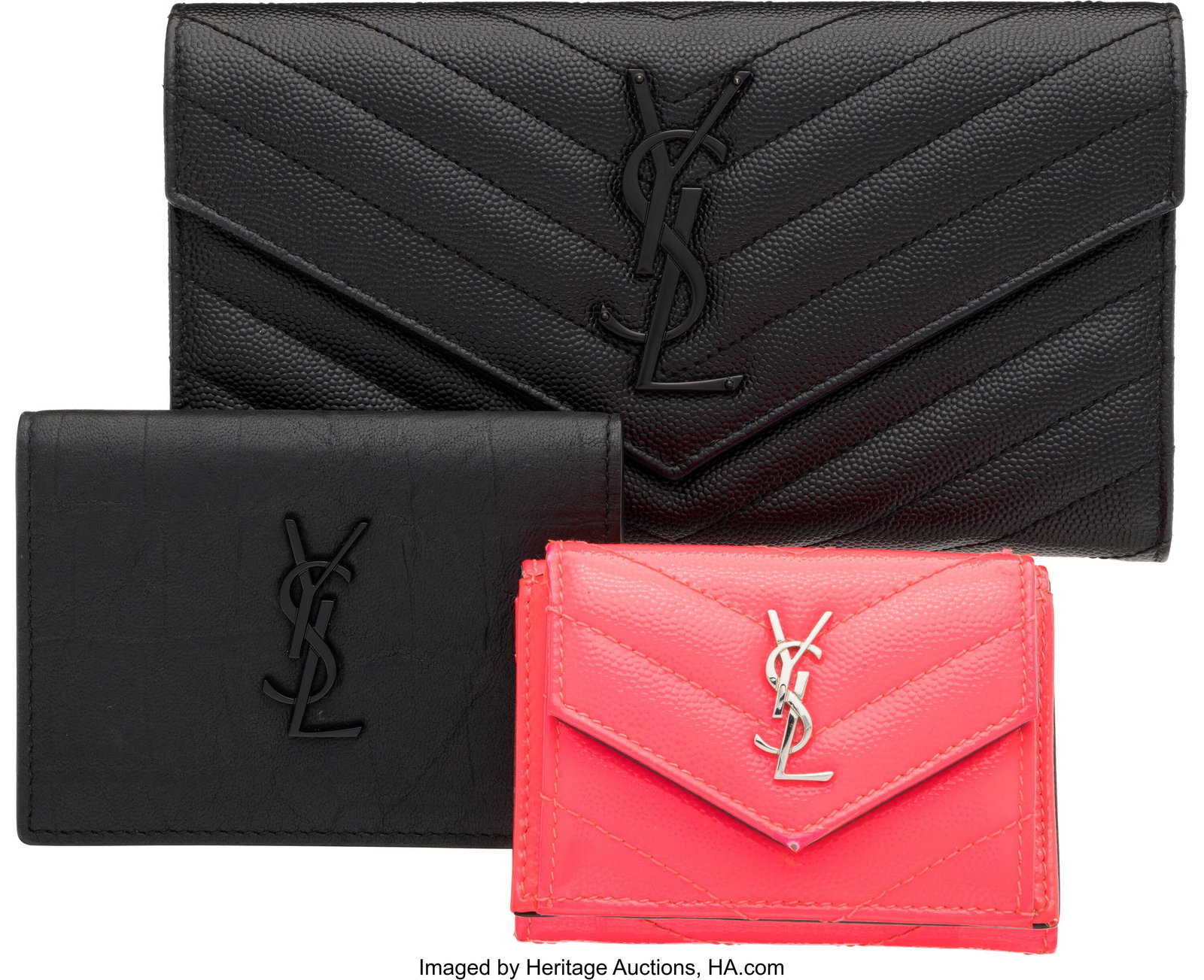 Yves Saint Laurent Set of Three: Pink & Two Blac: Yves Saint Laurent Set of Three: Pink & Two Black Leather Wallets See Extended Condition Report for Details. This set includes: Yves Saint Laurent Pink Leather Shiny Tri-fold
