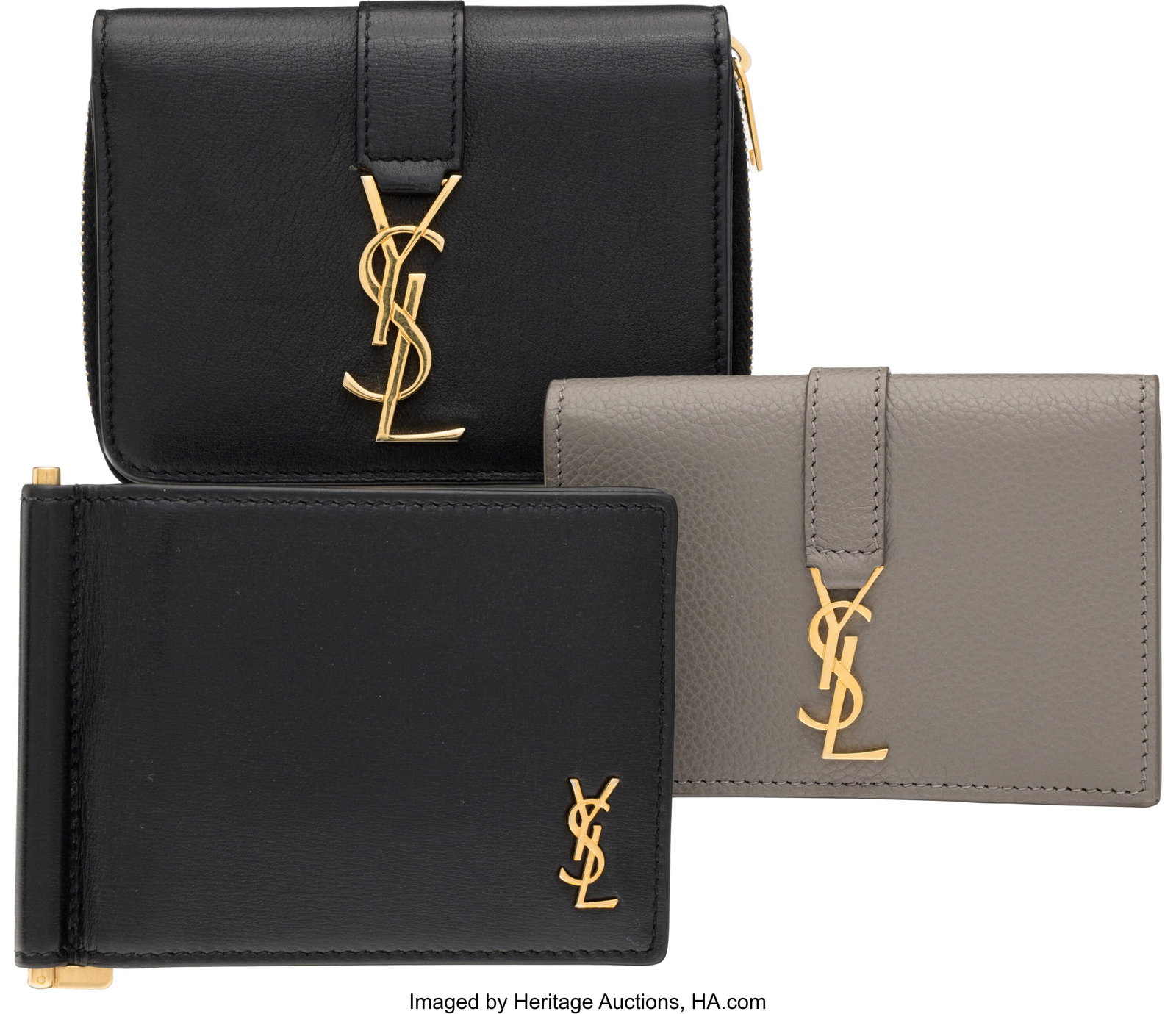 Yves Saint Laurent Set of Three: Black and Grey : Yves Saint Laurent Set of Three: Black and Grey Leather Wallets See Extended Condition Report for Details: This set includes: Yves Saint Laurent Gray Leather Tiny Wallet with Gold