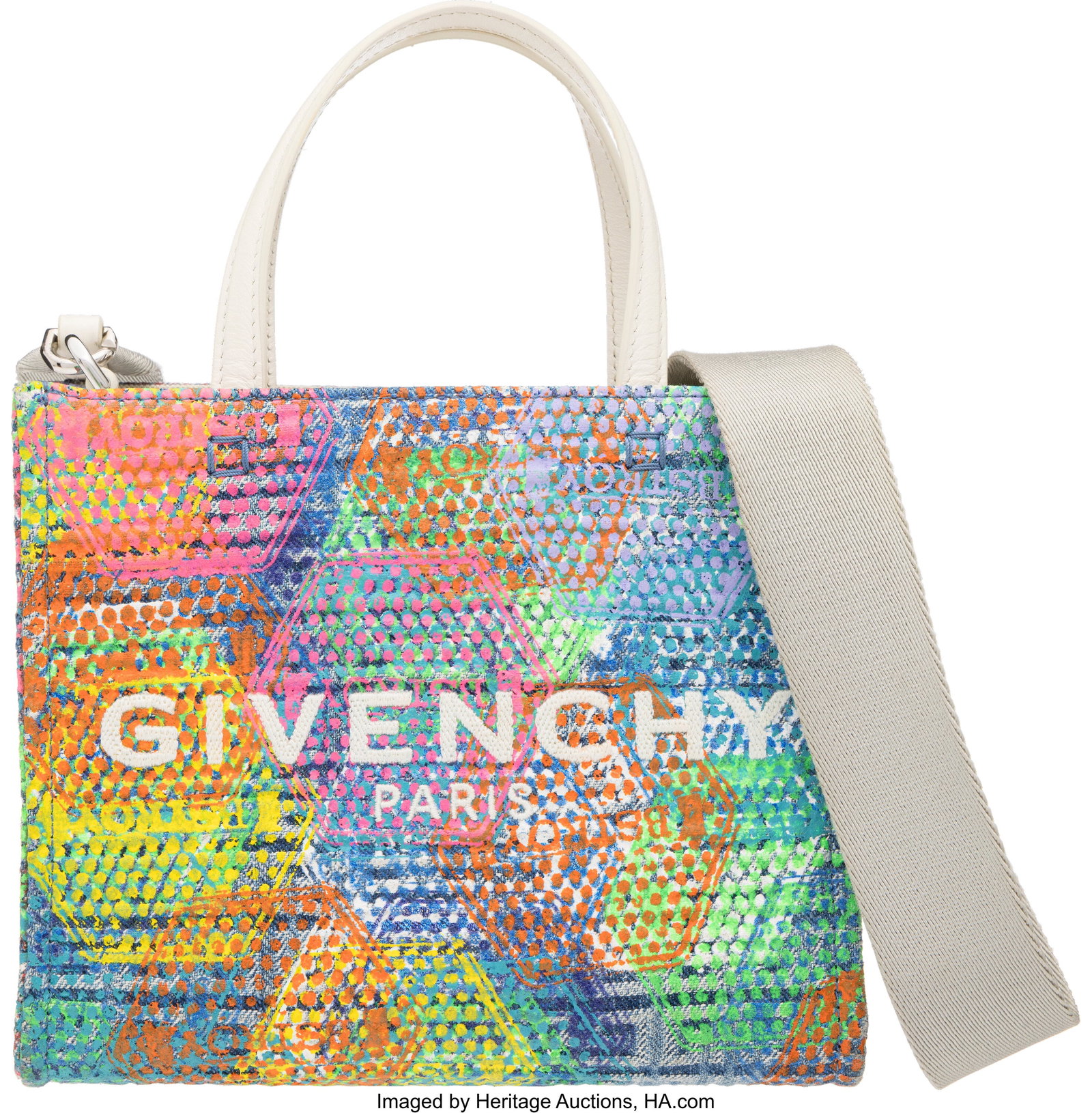 Givenchy Multicolor Canvas Mini Tote with Silver: Givenchy Multicolor Canvas Mini Tote with Silver Hardware Condition: 2 7.5" Width x 6.5" Height x3.5" Depth This bag is done in Multicolor Canvas with Silver Hardware,