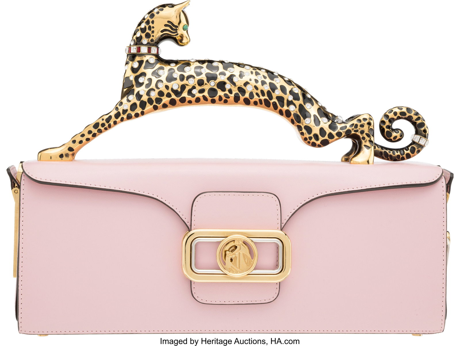Lanvin Pink Leather Pencil Cat Bag with Gold Har: Lanvin Pink Leather Pencil Cat Bag with Gold Hardware Condition: 2 11" Width x 4.5" Height x 3" Depth This bag is done in Pink Leather with Gold Hardware, featuring a crystal