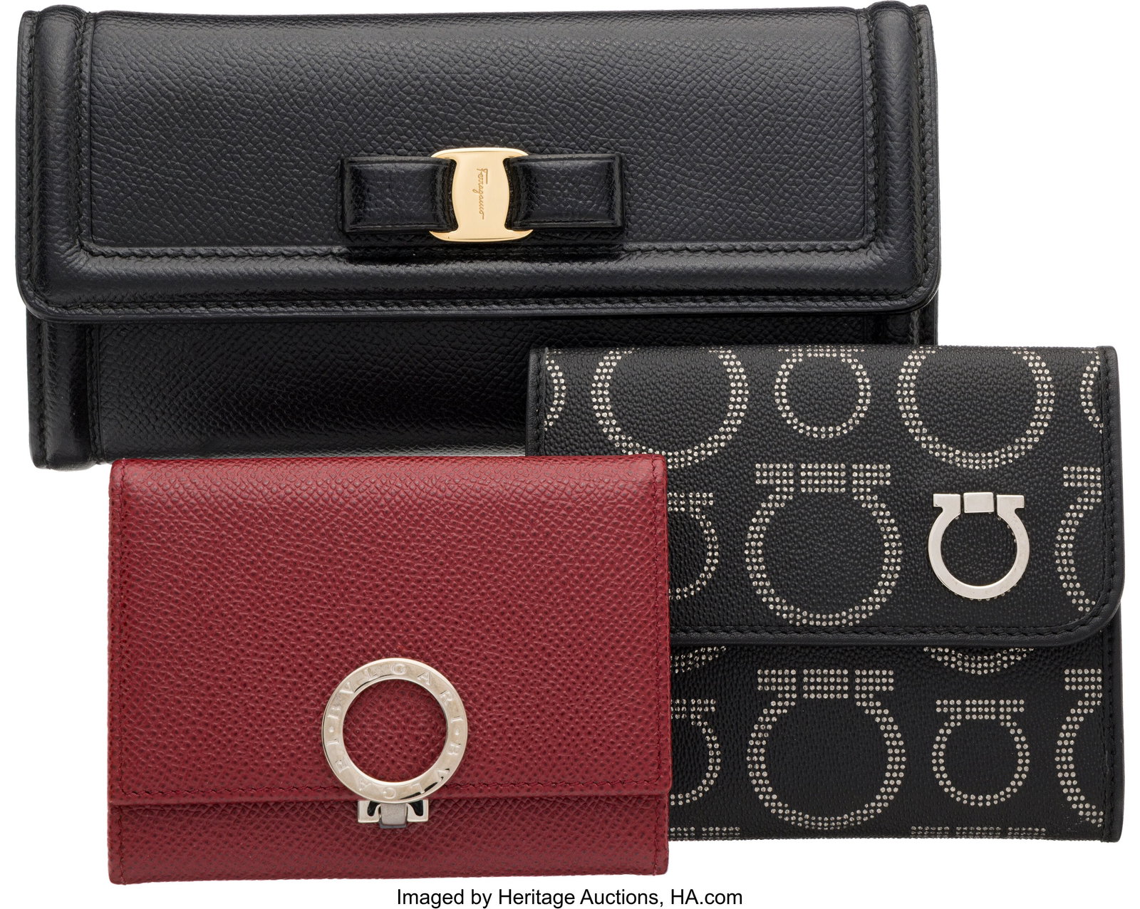 Set of Three: Bvlgari & Two Salvatore Ferragamo : Set of Three: Bvlgari & Two Salvatore Ferragamo Wallets See Extended Condition Report for Details. This set includes: Bvlgari Red Leather Compact Wallet with Silver Hardware