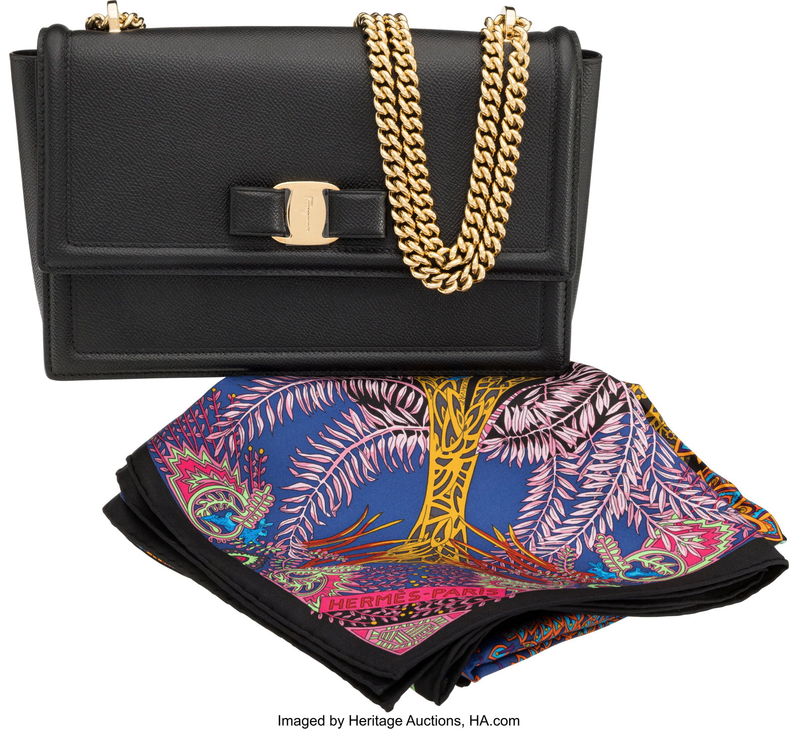 Set of Two: Salvatore Ferragamo Black Leather Va: Set of Two: Salvatore Ferragamo Black Leather Vara Bow Bag & Hermès Silk Scarf See Extended Condition Report for Details. This set includes: Salvatore Ferragamo Black