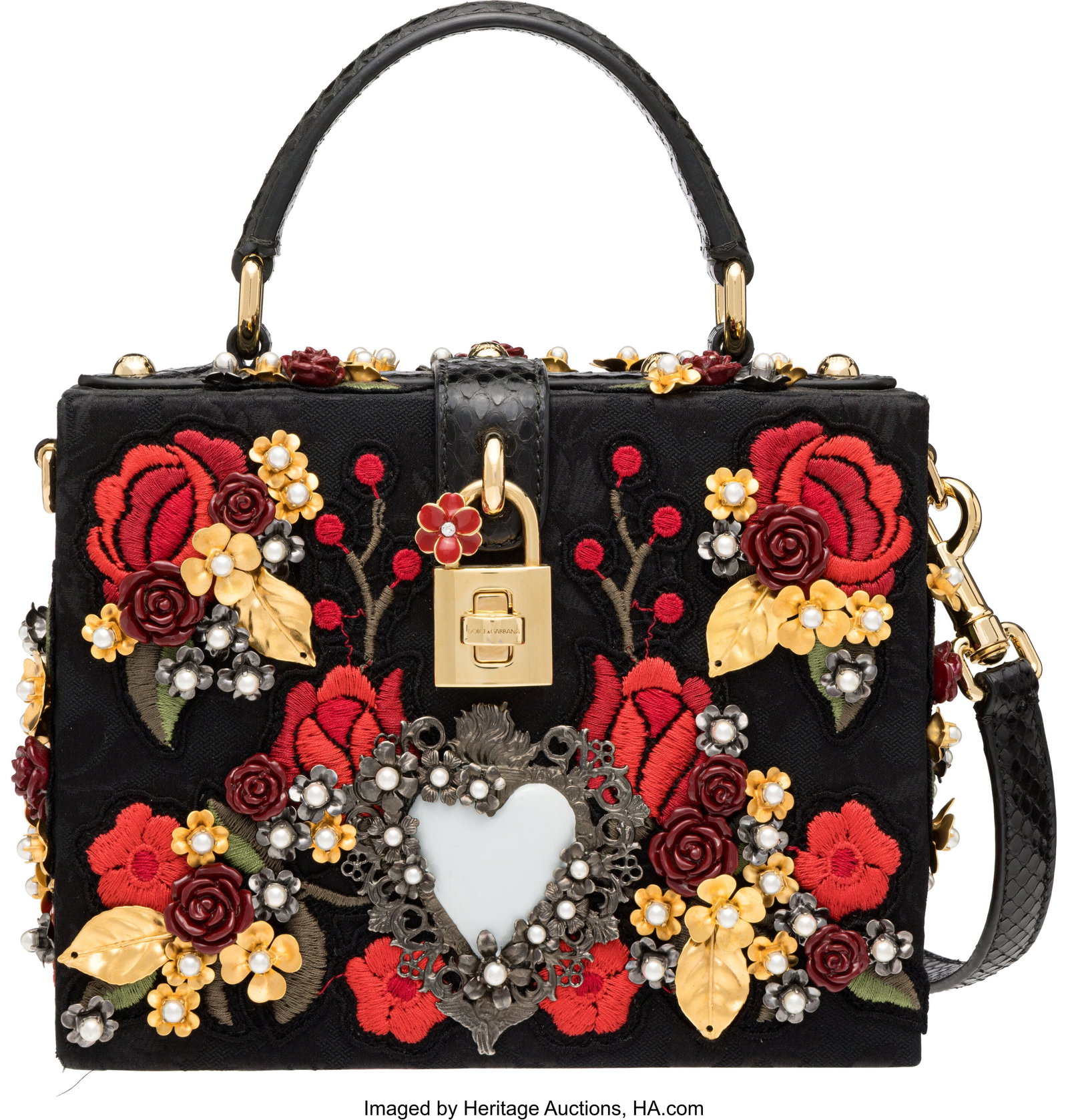 Dolce & Gabbana Black Jacquard & Python Embellis: Dolce & Gabbana Black Jacquard & Python Embellished Rose Dolce Box Bag with Gold Hardware Condition: 2 7.75" Width x 3.5" Height x 2.5" Depth This bag is done in