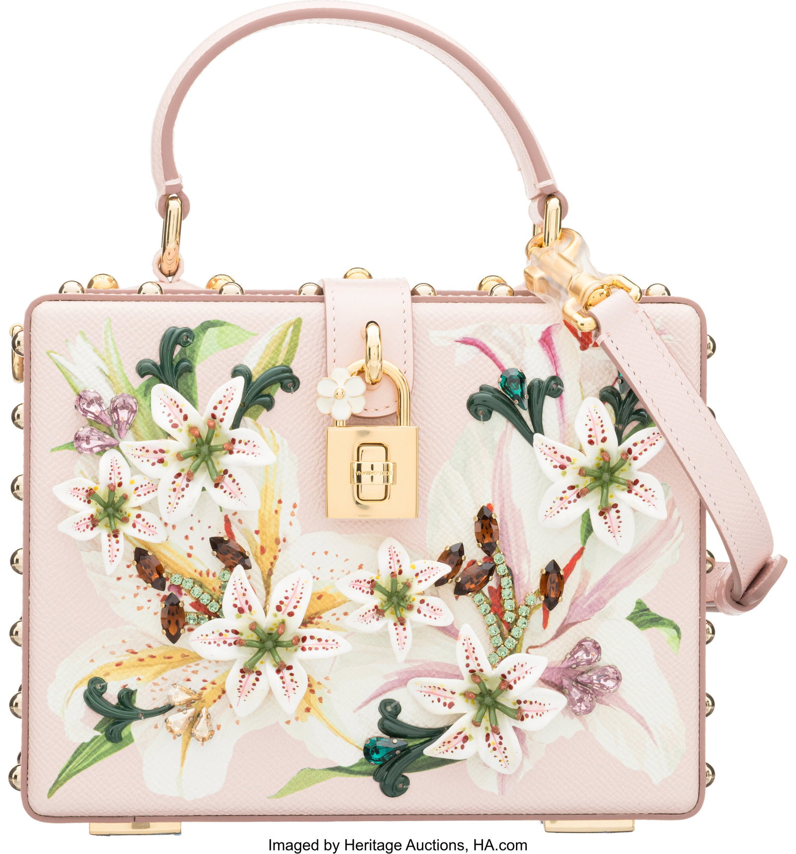 Dolce & Gabbana Pink Leather Embellished Lily Pr: Dolce & Gabbana Pink Leather Embellished Lily Print Dolce Box Bag with Gold Hardware Condition: 1 7.75" Width x 3.5" Height x 2.5" Depth This bag is done in Pink Lily