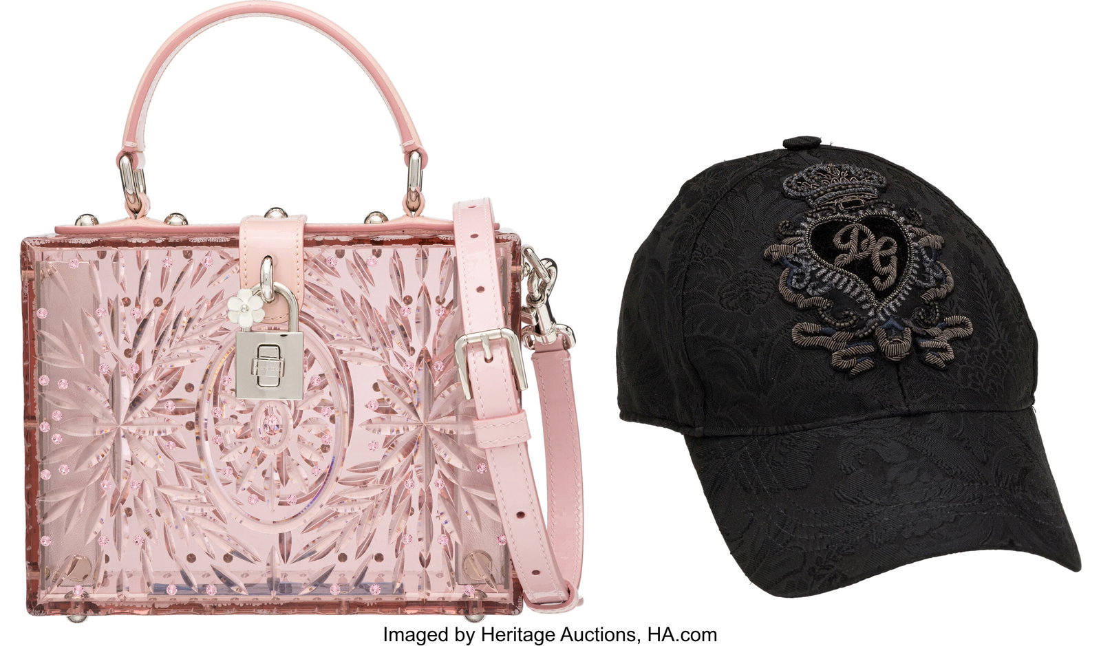 Dolce & Gabbana Set of Two: Pink Lucite Dolce Bo: Dolce & Gabbana Set of Two: Pink Lucite Dolce Box Bag & Black Jacquard Baseball Cap See Extended Condition Report for Details. This set includes: Dolce & Gabbana Pink