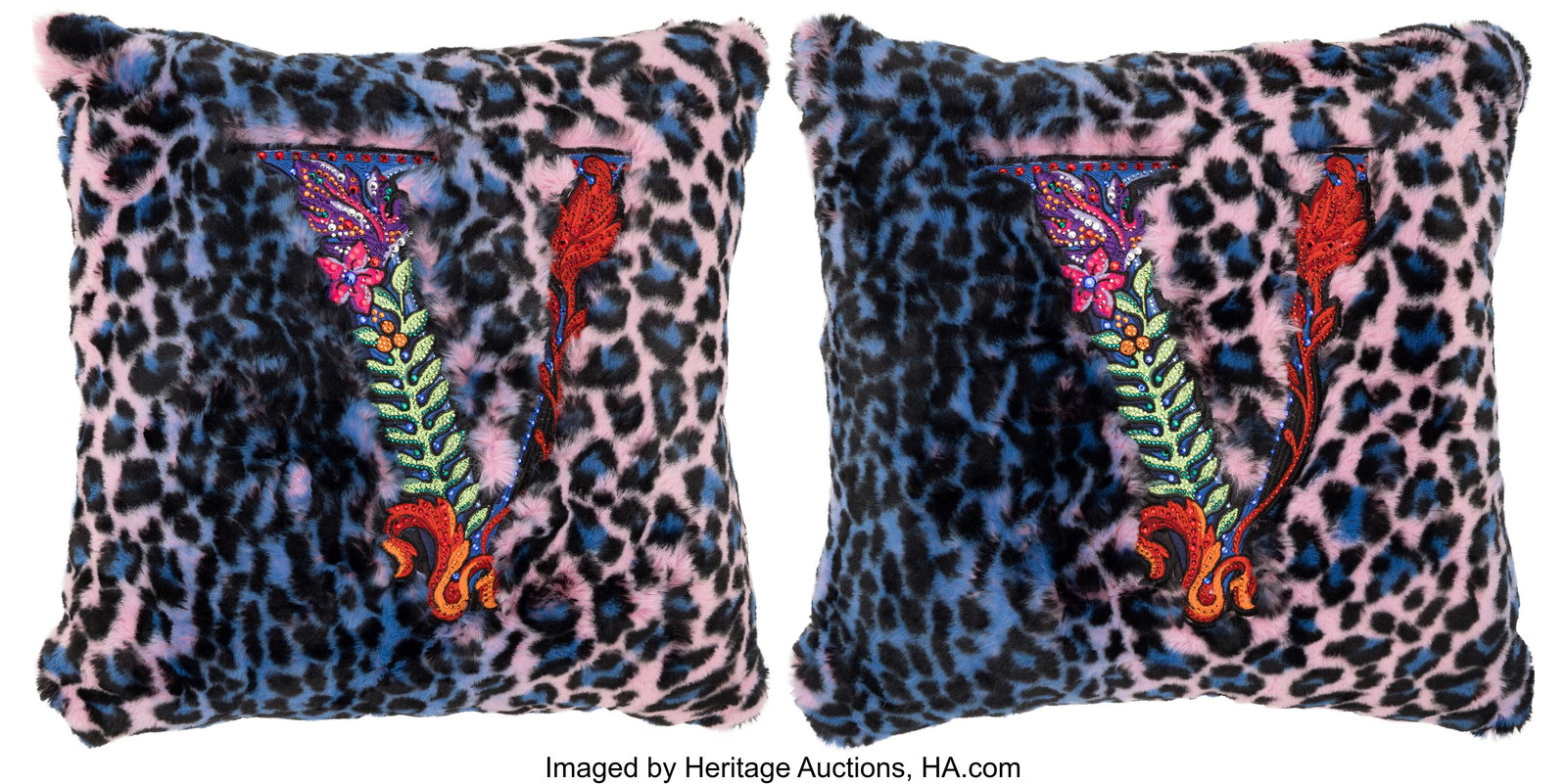 Versace Set of Two: Multicolor Faux Fur Embroide: Versace Set of Two: Multicolor Faux Fur Embroidered Pillows Condition: 1 18" Square See Extended Condition Report for Details. This set includes two Multicolor Faux Fur Embroidered