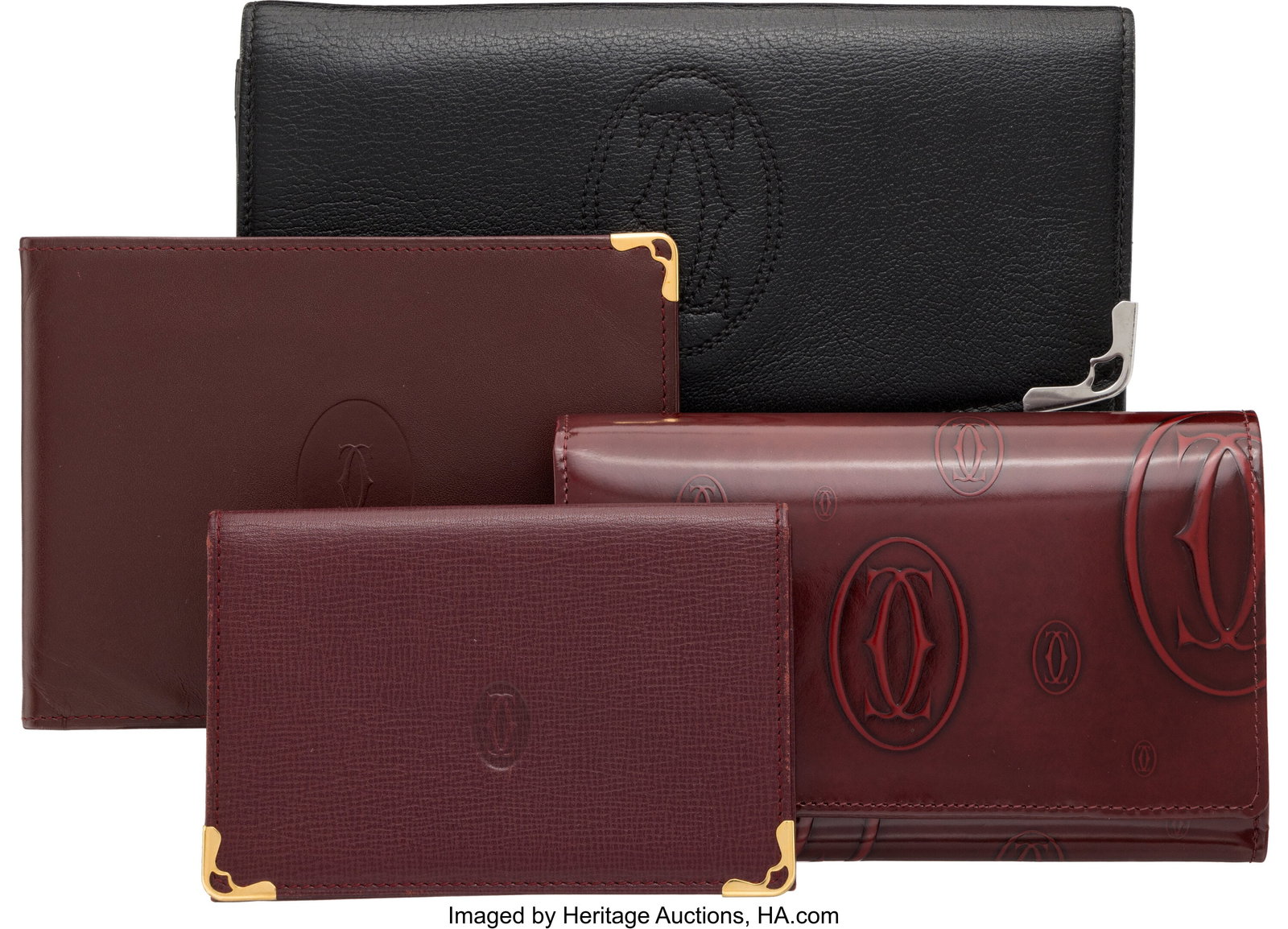 Cartier Set of Four: Leather Wallets See Extende: Cartier Set of Four: Leather Wallets See Extended Condition Report for Details: This set includes: Cartier Burgundy Cowhide Leather Card Case with Gold Hardware