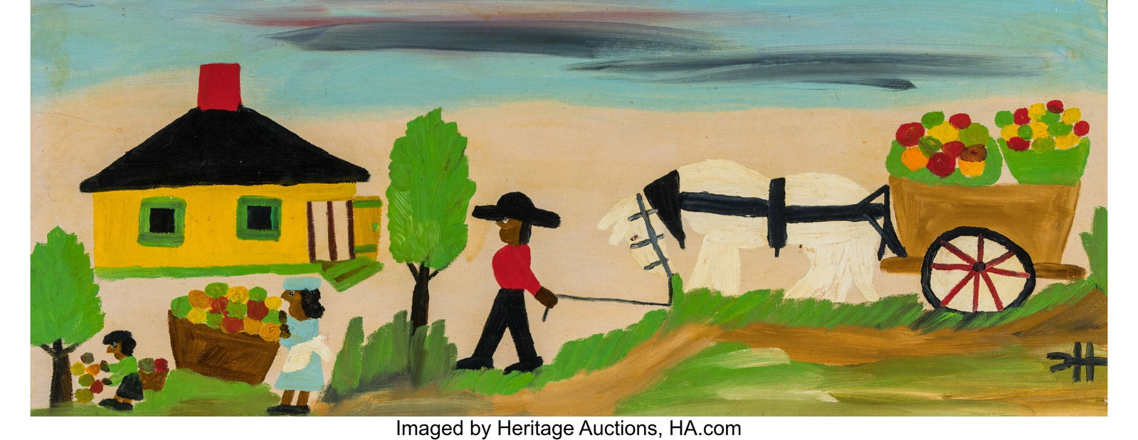 Clementine Hunter (American, 1886-1988) Fruit Ga: Clementine Hunter (American, 1886-1988) Fruit Gathering Oil on wood panel 12 x 29-1/2 inches (30.5 x 74.9 cm) (sight) Signed lower right: CH