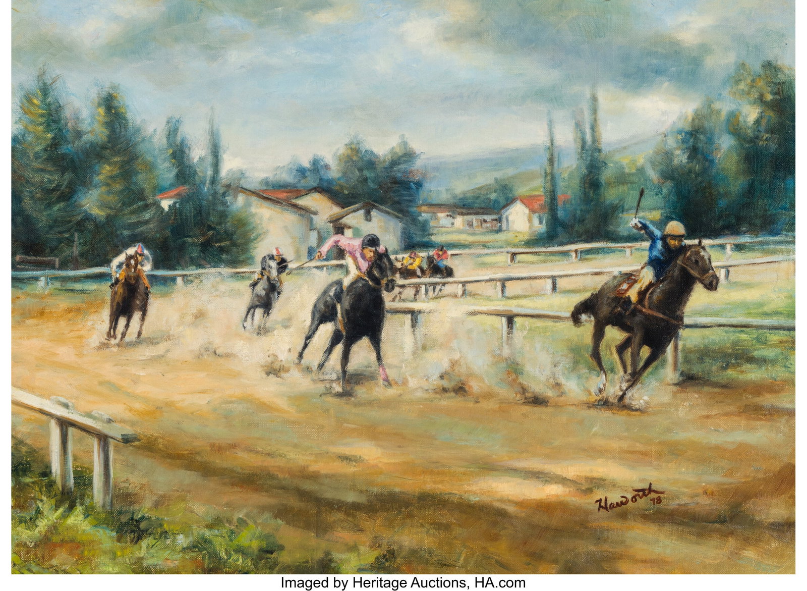 Mark Haworth (American, b. 1952) Horse Race, 197: Mark Haworth (American, b. 1952) Horse Race, 1978 Oil on canvas 16 x 22 inches (40.6 x 55.9 cm) Signed and dated lower right: Haworth / 7