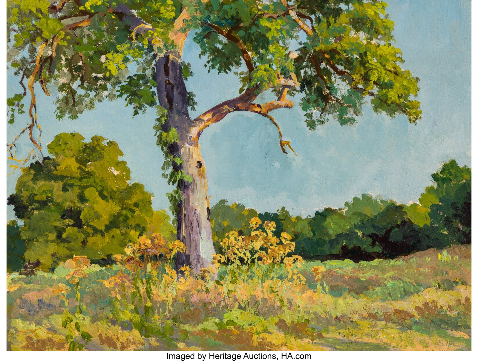Olin Travis (American, 1888-1975) Spring Landsca: Olin Travis (American, 1888-1975) Spring Landscape with Tree and Flowers Oil on Masonite 12 x 16 inches (30.5 x 40.6 cm) With the artist's signature stamp on th