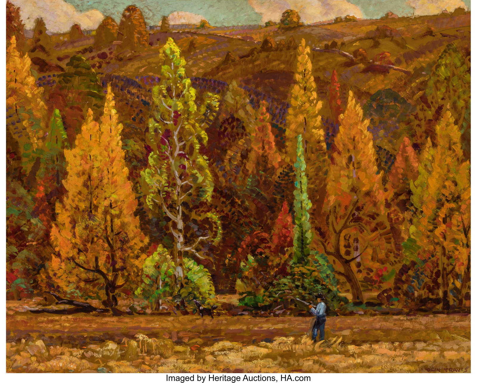 Olin Travis (American, 1888-1975) Autumn Hunter,: Olin Travis (American, 1888-1975) Autumn Hunter, 1965 Oil on Masonite 25 x 30 inches (63.5 x 76.2 cm) Signed and initialed lower right: Olin Travis 