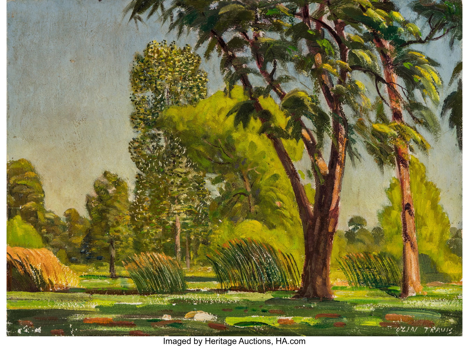 Olin Travis (American, 1888-1975) Cottonwood and: Olin Travis (American, 1888-1975) Cottonwood and Willows, White Rock Lake, Dallas Oil on board 11-7/8 x 15-7/8 inches (30.2 x 40.3 cm) Signe