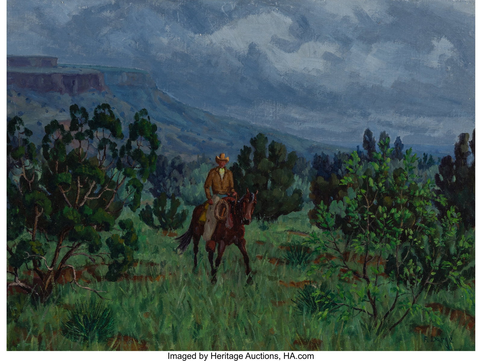 Fred Darge (American, 1900-1978) The Storm (Palo: Fred Darge (American, 1900-1978) The Storm (Palo Duro Canyon) Oil on canvas laid on board 12 x 16 inches (30.5 x 40.6 cm) Signed lower right: F&