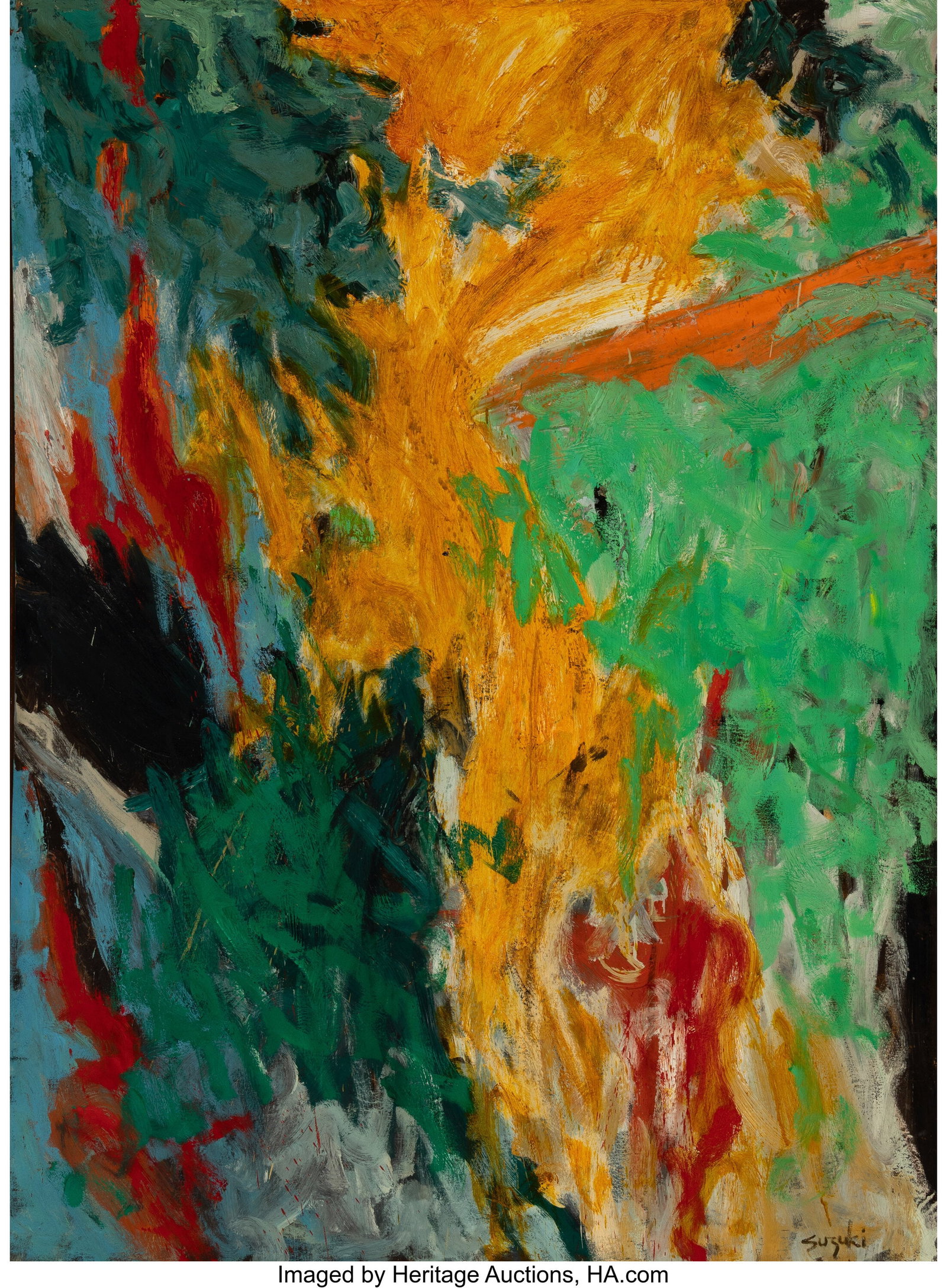 James Suzuki (1933-2022) Fire Dance, 1960 Oil on: James Suzuki (1933-2022) Fire Dance, 1960 Oil on canvas 63-1/2 x 47 inches (161.3 x 119.4 cm) Signed lower right: Suzuki Signed, titled,