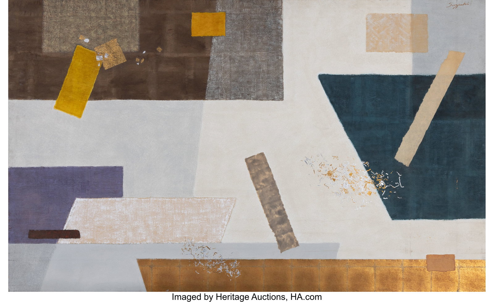 James Suzuki (1933-2022) Untitled (Layered Color: James Suzuki (1933-2022) Untitled (Layered Colors) Oil, paper, gold and silver leaf on masonite 54 x 88 inches (137.2 x 223.5 cm) Signed upper r