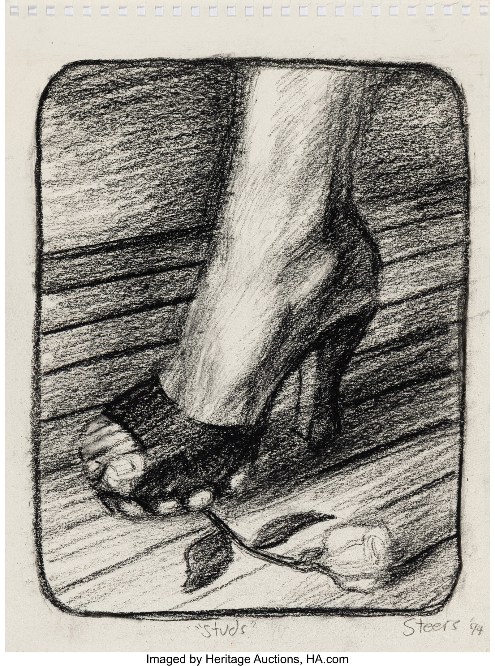 Hugh Auchincloss Steers (1963-1995) Studs, 1994 : Hugh Auchincloss Steers (1963-1995) Studs, 1994 Charcoal on paper 12 x 9 inches (30.5 x 22.9 cm) Signed, titled, and dated in pencil along lower edg