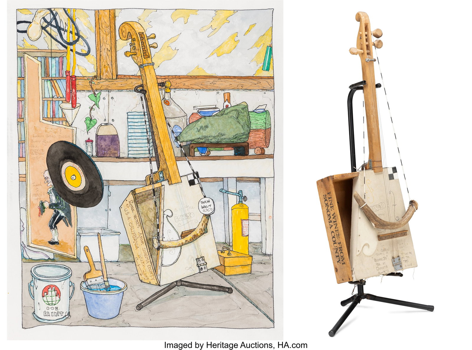 William T. Wiley (1937-2021) Bonejo; Portrait of: William T. Wiley (1937-2021) Bonejo; Portrait of the Bonejo (pair), 2001-2008; 2009 Mixed media; watercolor, ink, and graphite on paper 38