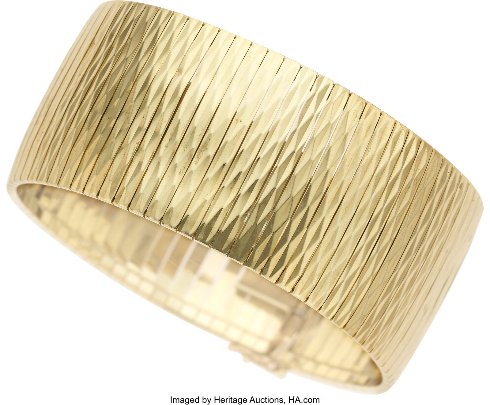 Gold Bracelet Metal: 14k gold Weight: 45.90 gra: Gold Bracelet Metal: 14k gold Weight: 45.90 grams Dimensions: 7-1/4 inches x 1-1/8 inches Property from the Collection of World Traveler Florence DeBardeleben
