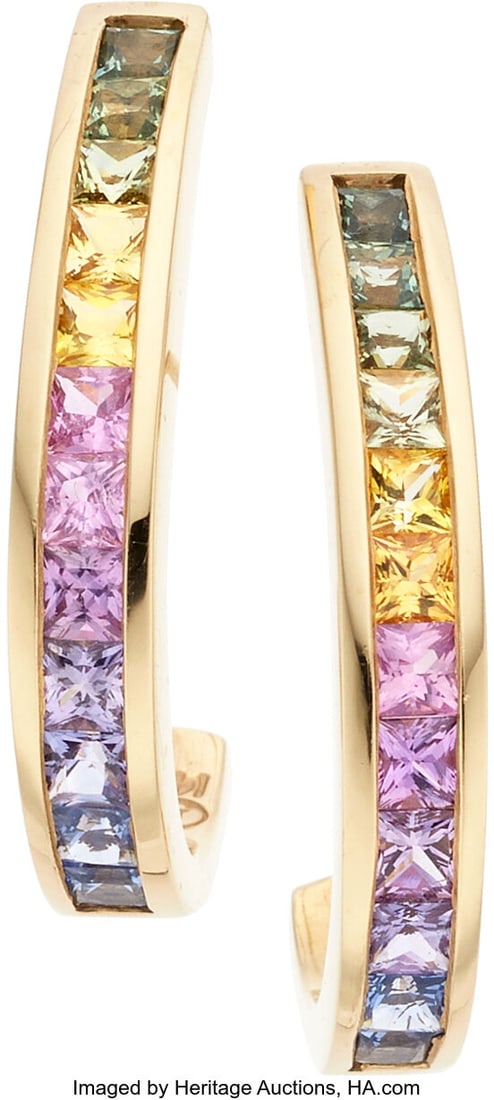 Multi-Color Sapphire, Gold Earrings Stones: Squ: Multi-Color Sapphire, Gold Earrings Stones: Square-shaped multi-color sapphire weighing a total of approximately 3.00 carats Metal: 14k gold Gross Weight: 5.90