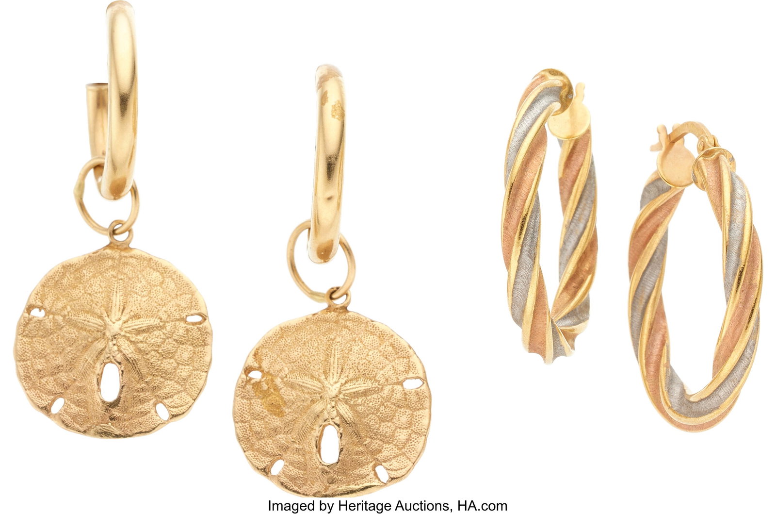 Gold Earrings Metal: 14k white, yellow, and ros: Gold Earrings Metal: 14k white, yellow, and rose gold Gross Weight: 9.30 grams Dimensions: 1-1/8 inches x 1 inch; 1-11/16 inches x 11/16 inch