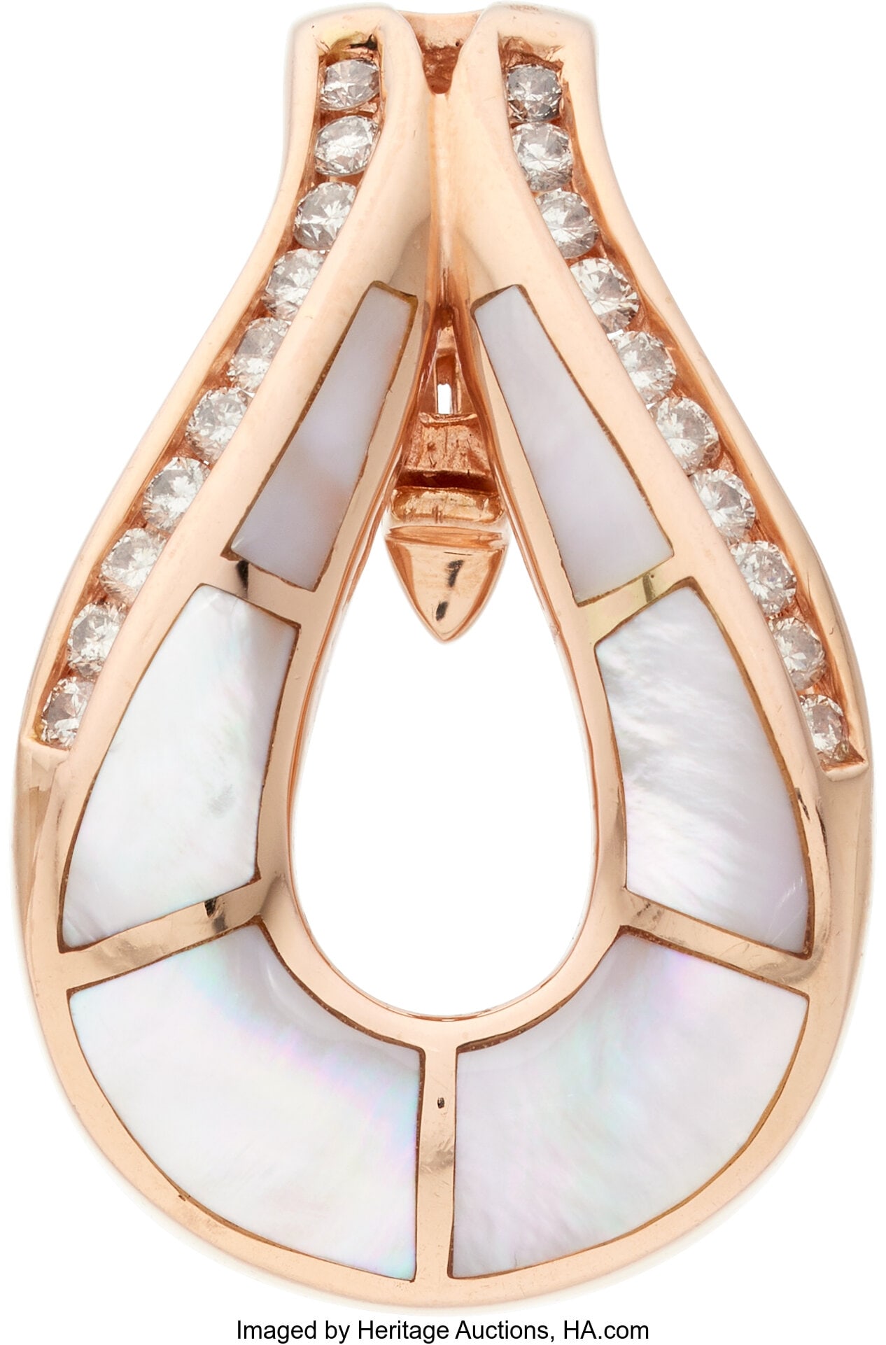 Mother-of-Pearl, Diamond, Rose Gold Pendant Sto: Mother-of-Pearl, Diamond, Rose Gold Pendant Stones: Carved mother-of-pearl; full-cut diamonds weighing a total of approximately 0.50 carat Metal: 14k rose gold