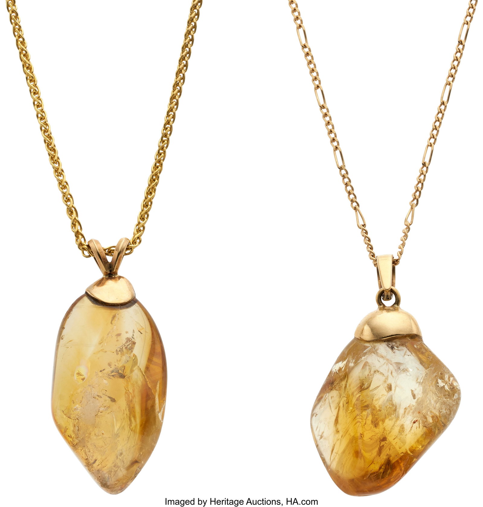 Citrine, Gold Pendant-Necklaces Stones: Citrine: Citrine, Gold Pendant-Necklaces Stones: Citrine free forms Metal: 14k gold Gross Weight: 20.10 grams Pendant Dimensions: 1-3/16 inches x 11/16 inch; 1