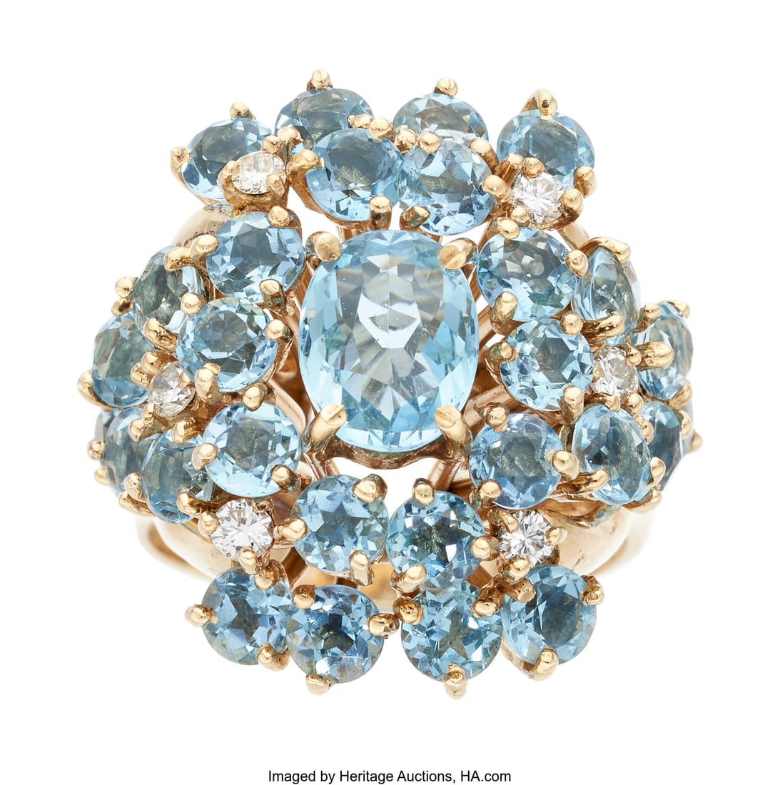 Aquamarine, Diamond, Gold Ring Stones: Oval-sha: Aquamarine, Diamond, Gold Ring Stones: Oval-shaped aquamarine weighing approximately 1.00 carat; round-shaped aquamarine weighing a total of approximately 4.50 car