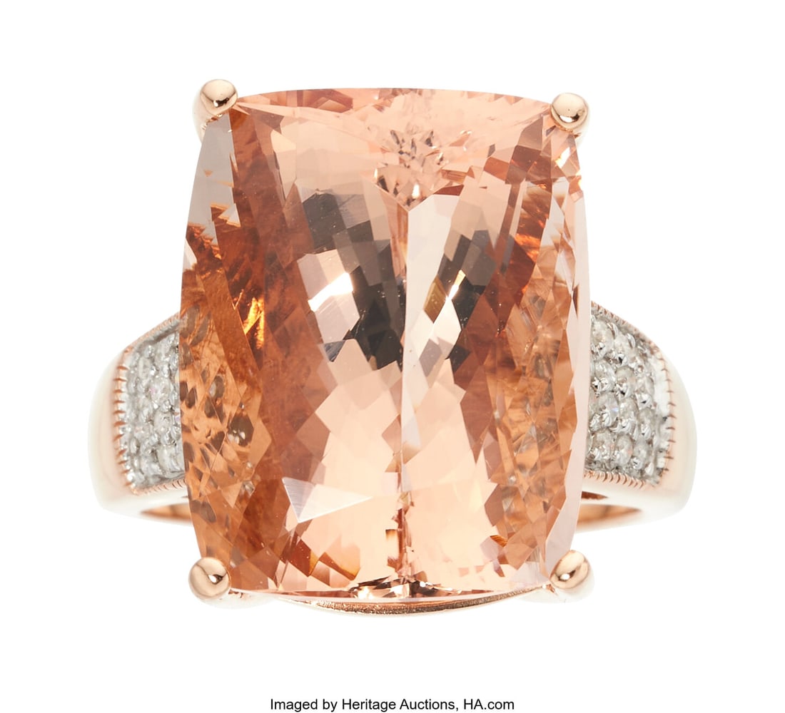 Morganite, Diamond, Gold Ring Stones: Cushion-s: Morganite, Diamond, Gold Ring Stones: Cushion-shaped morganite weighing approximately 17.00 carats; full and single-cut diamonds weighing a total of approximately 0&perio