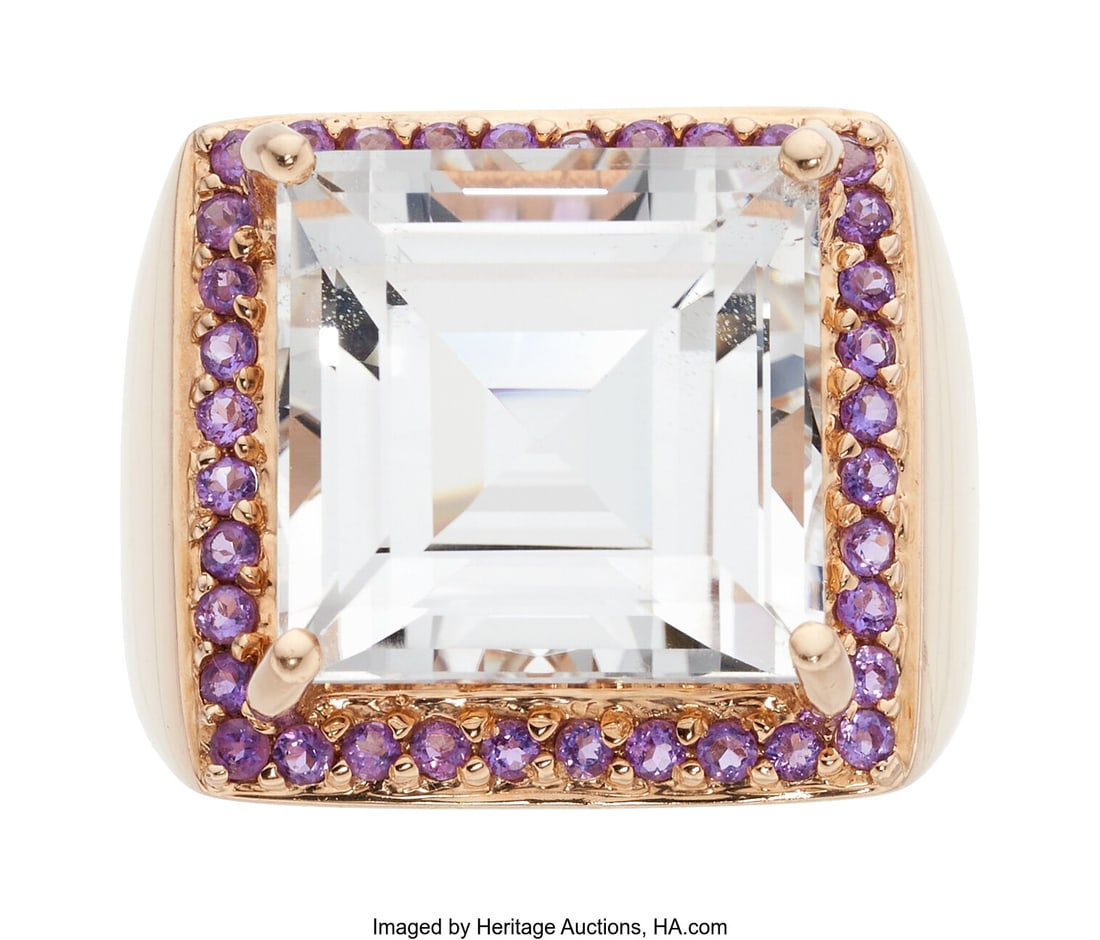 Topaz, Amethyst, Gold Ring Stones: Square-shape: Topaz, Amethyst, Gold Ring Stones: Square-shaped topaz weighing approximately 14.00 carats; round-shaped amethyst Metal: 14k rose gold Gross Weight: 11&period