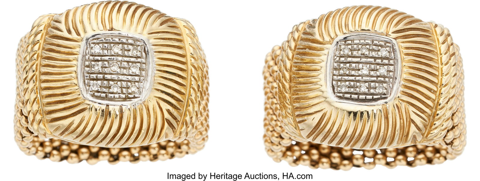Diamond, Gold Rings Stones: Full-cut diamonds w: Diamond, Gold Rings Stones: Full-cut diamonds weighing a total of approximately 0.20 carat Metal: 14k gold Gross Weight: 22.10 grams Size: 8-1/2 and 9 &