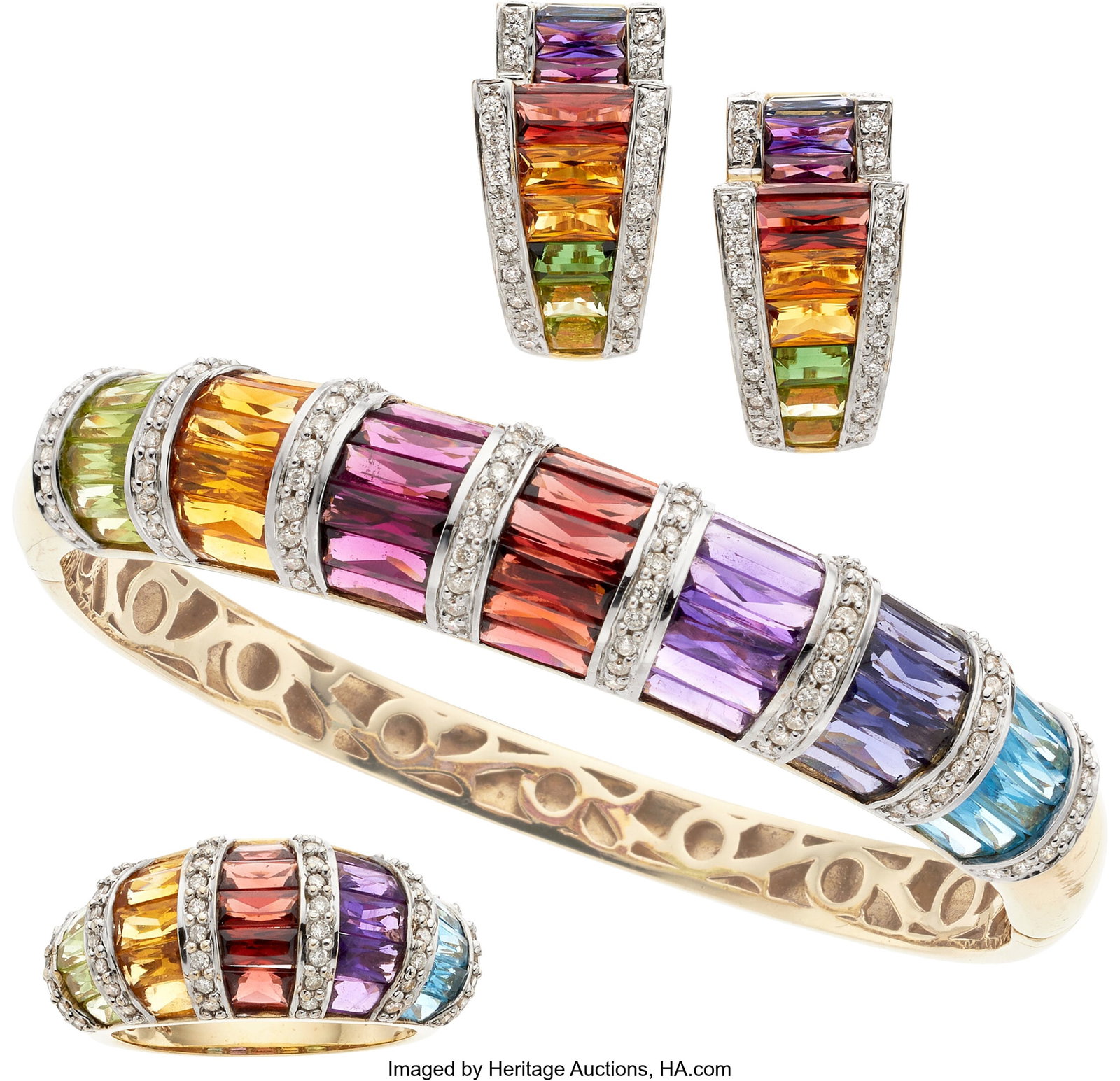 B&M Multi-Stone, Diamond, Gold Jewelry Suite St: B&M Multi-Stone, Diamond, Gold Jewelry Suite Stones: Baguette-shaped blue topaz, iolite, amethyst, garnet, rhodolite garnet, citrine, tourmali