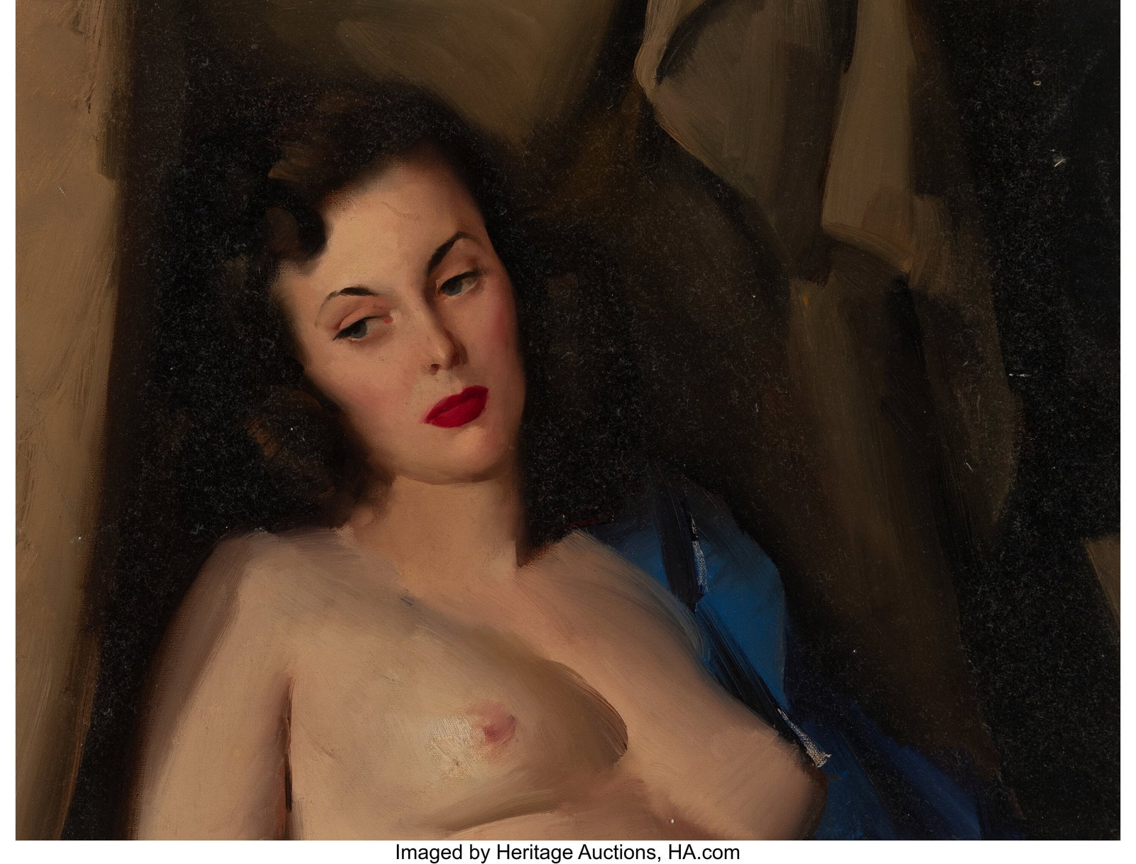 Attributed to Gil Elvgren (American, 1914-1980) : Attributed to Gil Elvgren (American, 1914-1980) Nude Brunette Oil on canvas 12 x 16 inches (30.5 x 40.6 cm) Not signed HID03101062020 © 2026 Heritage Aucti